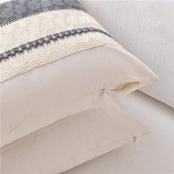 Fancy Homi Set of 2 Neutral Grey Farmhouse Decorative Throw Pillow Covers 18x18 - Picture 3 of 8
